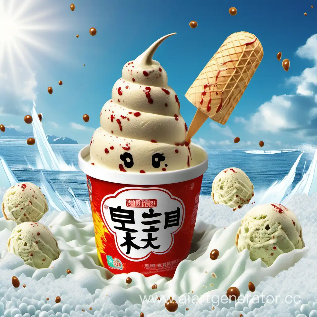 画出茅台冰淇凌与薏苡仁颗粒结合而成的新冰淇凌，可将慧苡仁颗粒拟人化，在冰淇凌海中自由玩要，享受阳光，自由自在，表现出十分欢乐的情景，体现出夏日冰淇淋带给人们凉爽的感觉，可以用微观镜头表现
