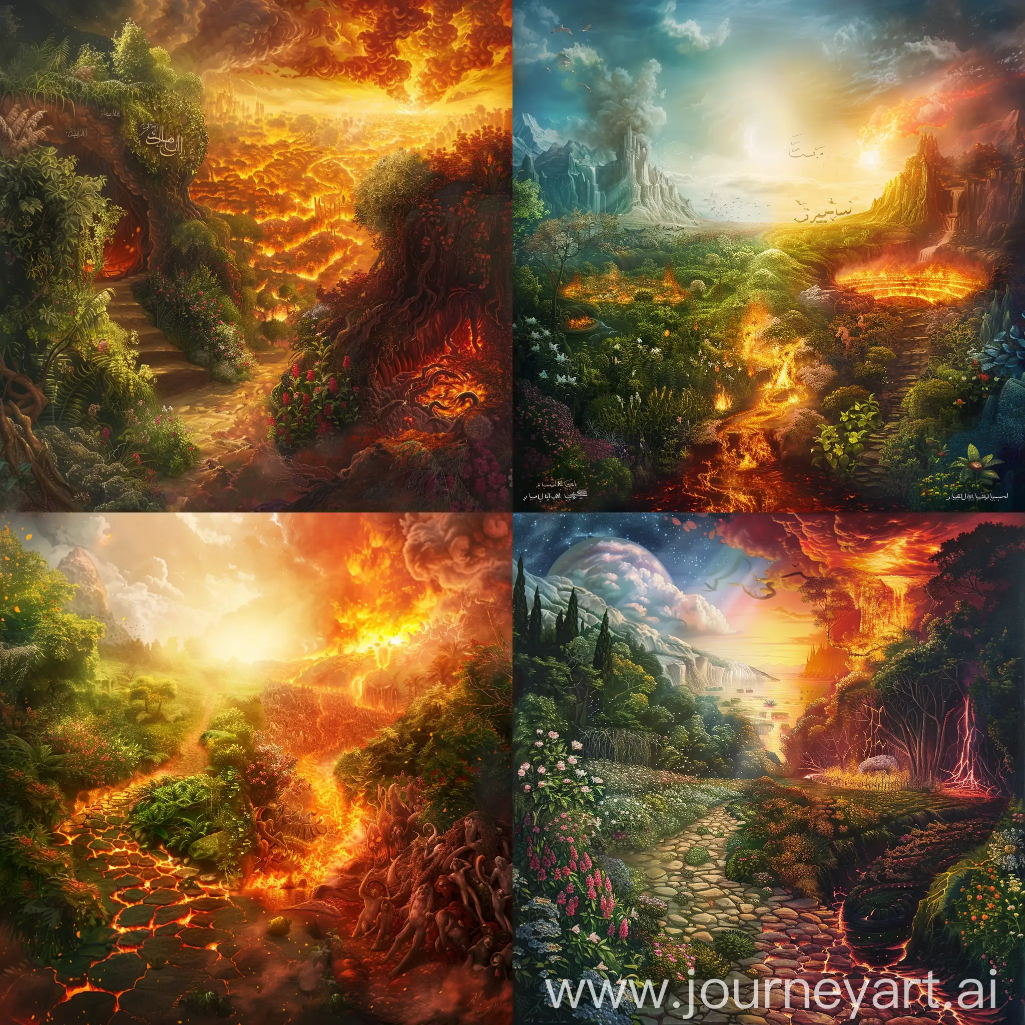 Generate contrasting images of Heaven and Hell inspired by Quranic verses. Illustrate the divine beauty and bliss of Heaven, with lush gardens and radiant light. Simultaneously, depict the ominous and tormenting nature of Hell, emphasizing fiery landscapes and consequences. Convey the emotional impact and spiritual journey as described in the Quran.