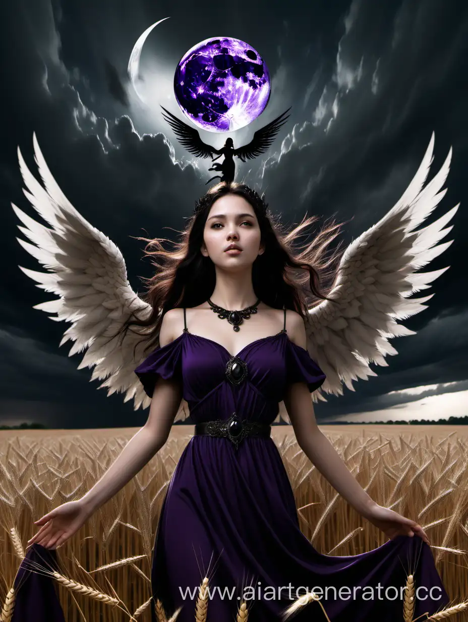 DarkHaired-Angelic-Girl-in-Purple-Dress-Amidst-Wheat-Field-under-Stormy-Sky