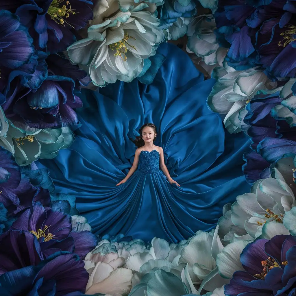 Prompt: A girl stands in the center of the composition with their arms extended outwards. Their flowing dress transitions into an array of large, vibrant flowers. The dress is a deep blue with intricate folds, giving it a fluid and dynamic appearance. As the dress cascades outward, it seamlessly becomes part of the flowers, which are blue at the base and gradually lighten towards the edges. Each petal is detailed with veins and color gradients, enhancing their lifelike quality.