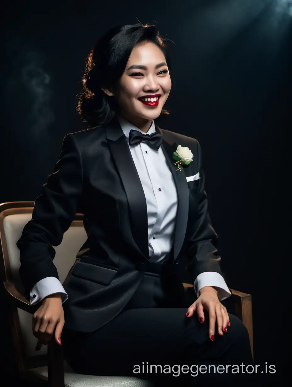 A happy Vietnamese woman sitting in a chair in a dark room. She is wearing a tuxedo with an open jacket, a white shirt with a black bow tie and cufflinks, and black pants. She has shoulder length hair and lipstick.