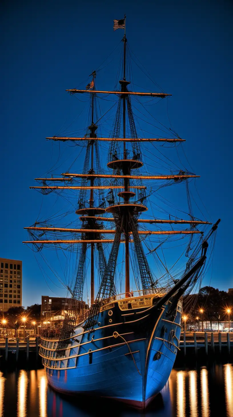Historic Ship Rigging Silhouetted Against City Nightlife at Blue Hour