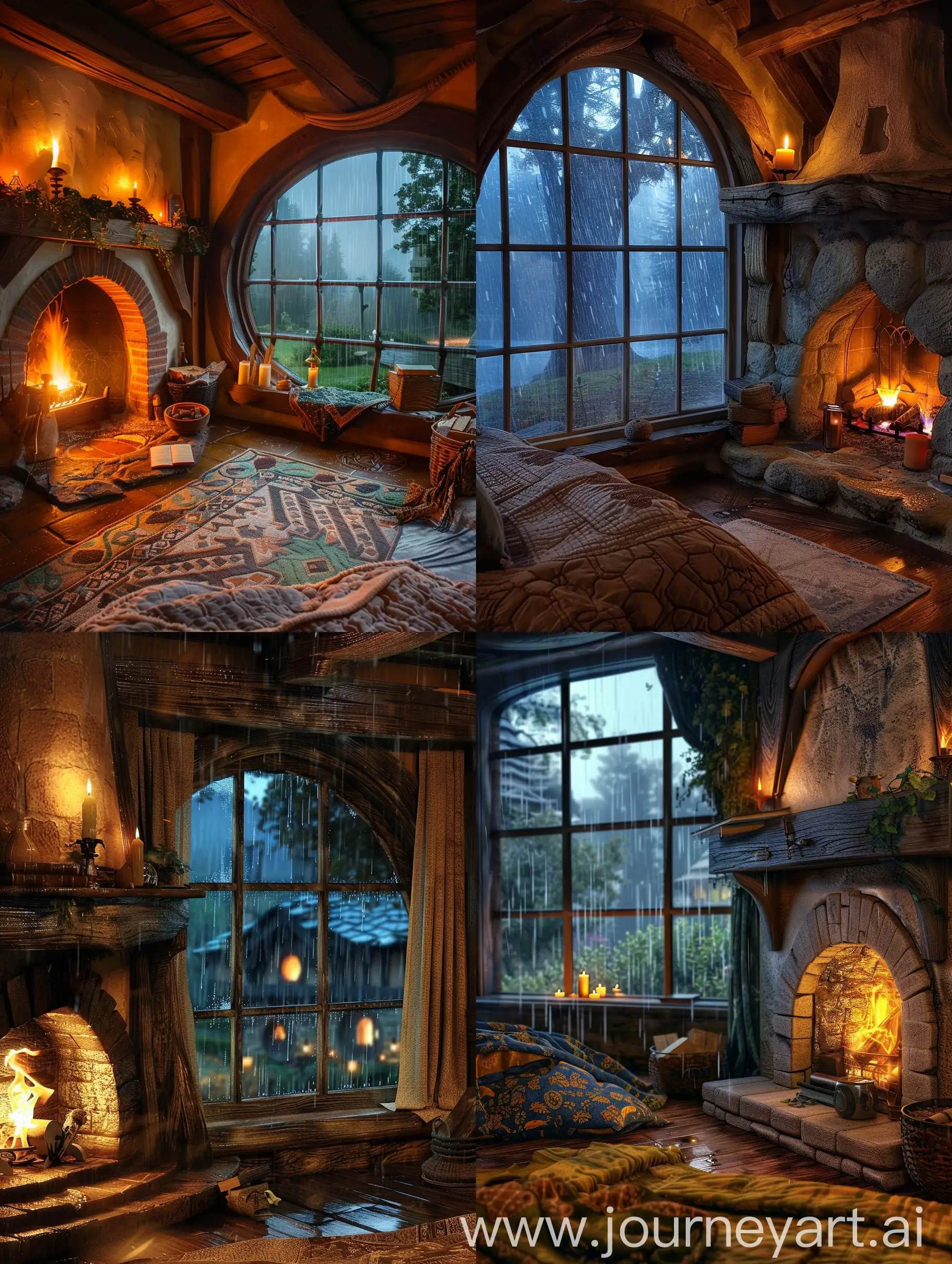 Cozy hobbit bedroom with fireplace and windows a rainy night outside of window at midnight