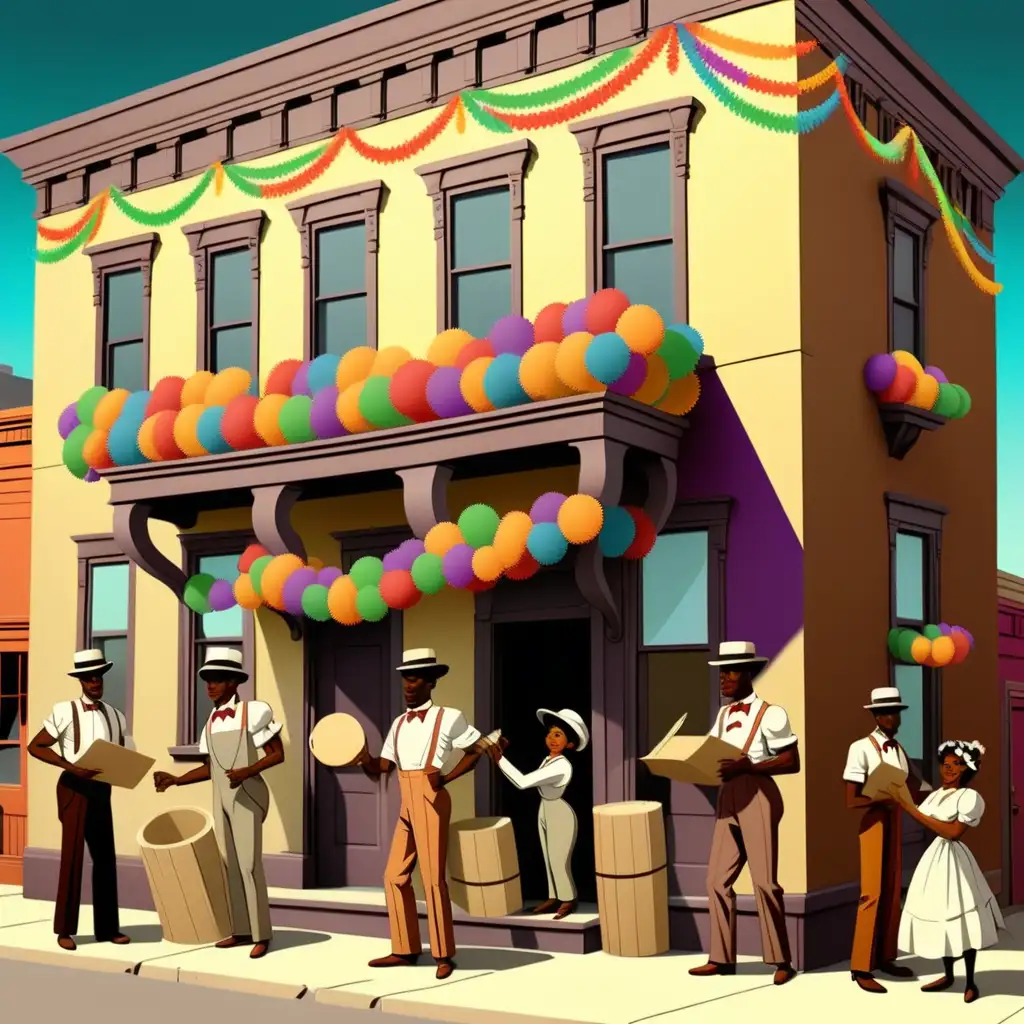 1900s cartoon-style African Americans decorating the building in the town with colorful decorations for Juneteenth in New Mexico