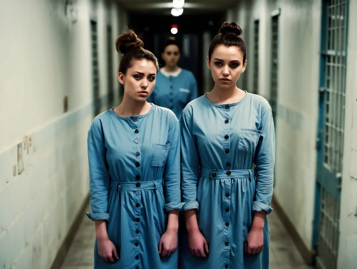 Two of busty prisoner woman (20 years old, same dress) stand (far from each other) in a prison corridor in dirty ragged paleblue longsleeve midi-length buttoned gowndress (, a "4388" label on chest pocket, brunette hair in a bun, collarless, roundneck, sad and ashamed ), look into camera,