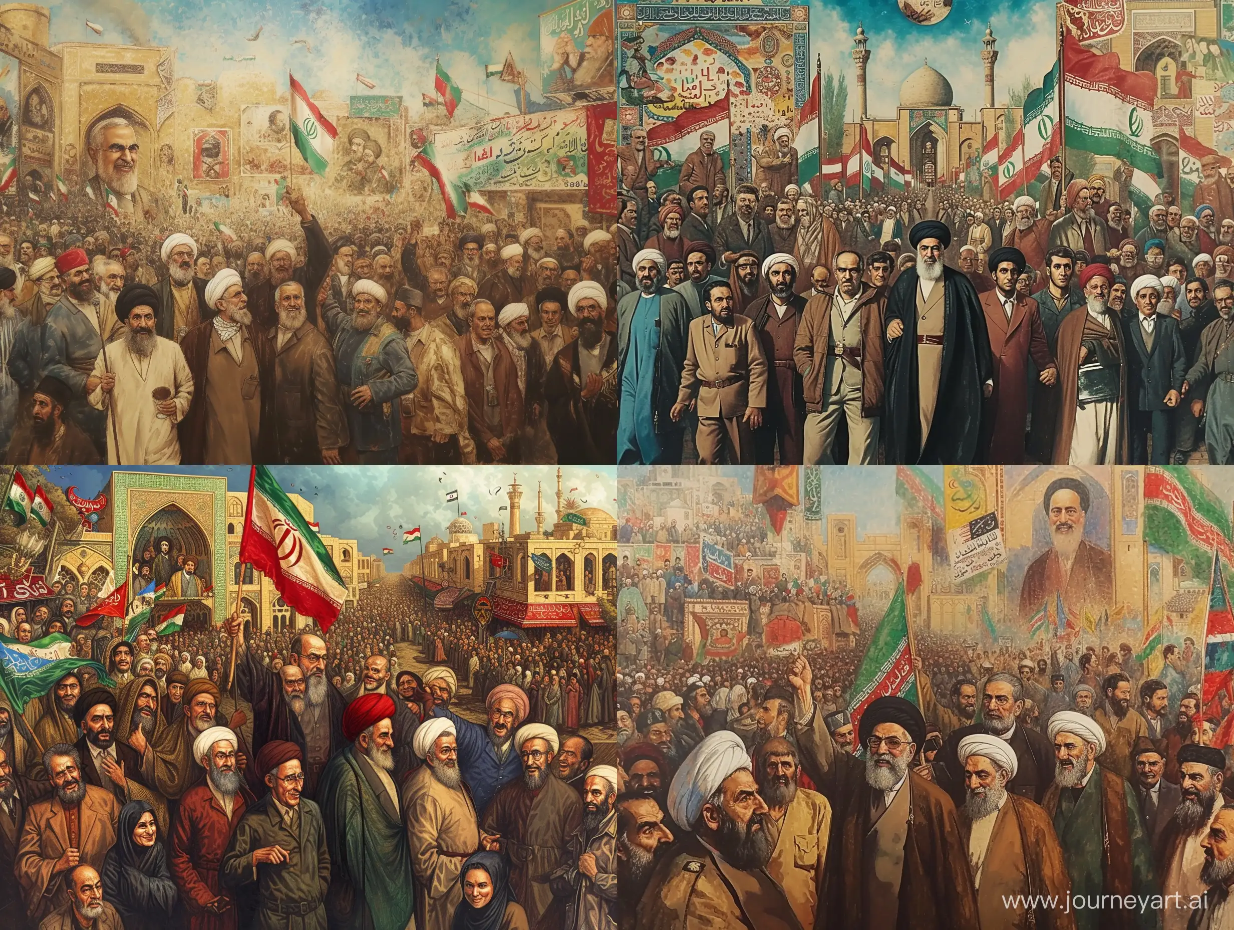 An image of Imam Khomeini returning to Iran, greeted warmly by the people: Imagine a historical scene with emotional and enthusiastic ambiance, where different faces of people express happiness and hope in welcoming leadership. A background of an Iranian city with displays of traditional architecture and revolutionary symbols, like flags and banners with revolutionary slogans. --v 6 --ar 4:3 --no 40696