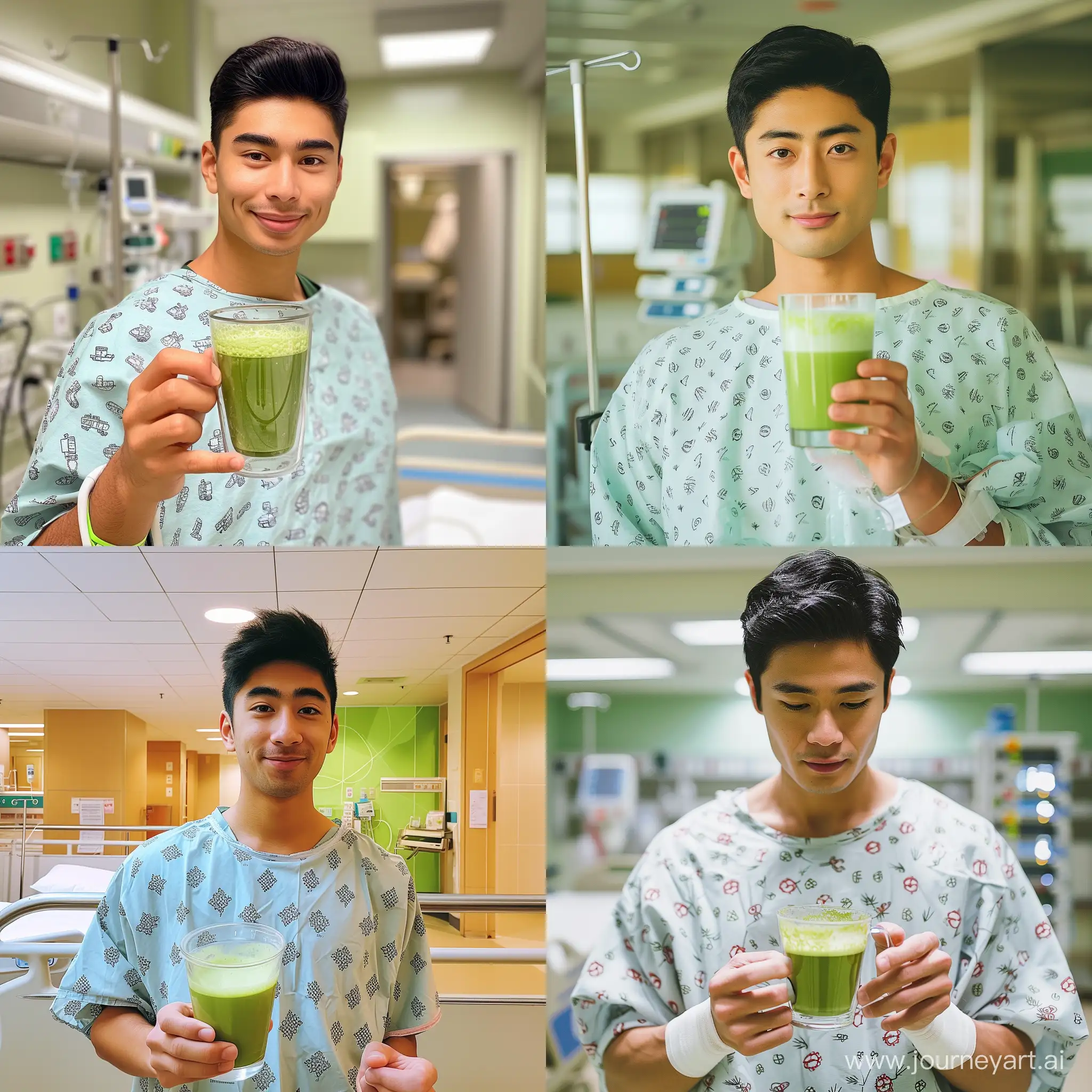 Real and natural photo of young man in hospital gown holding a glass of matcha tea. The glass of matcha tea should be clear. The space around him is a hospital. Full detail of matcha tea cup and man's face.