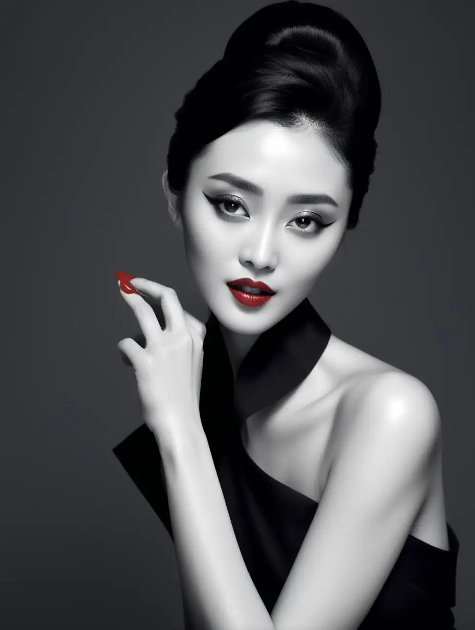 Vietnamese stylist to work with Fan Bingbing , a little smile , red lips and model in black and white, in the style of red, mario testino, serene faces, effortlessly chic, blink-and-you-miss-it detail, chris labrooy, xu beihong
