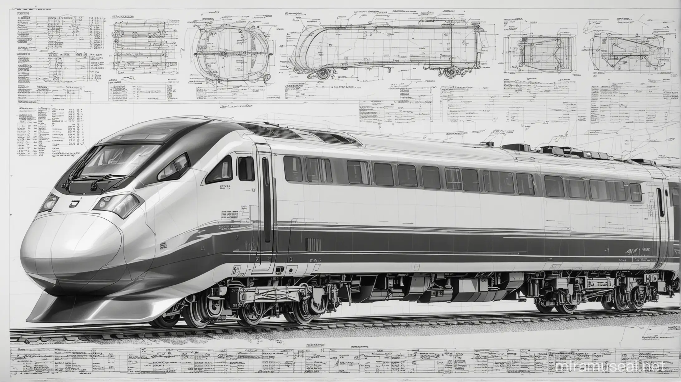 a two dimensional black and white engineering drawing of a modern fast train with engineering notes