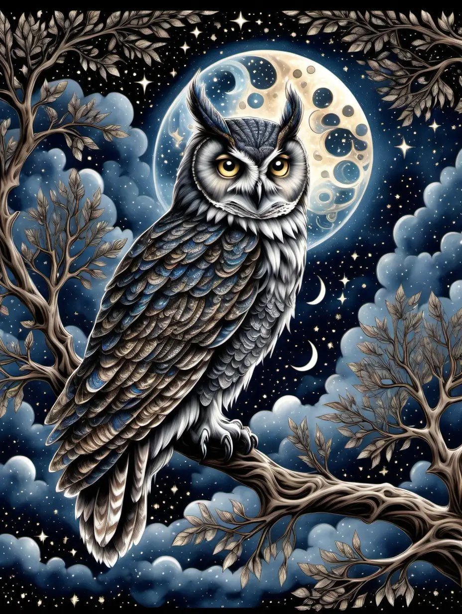  a serene nighttime scene with a crescent moon shining brightly in the sky. Surrounding the moon are shimmering stars arranged in intricate patterns, reminiscent of constellations. A majestic owl perches on a tree branch in the foreground, its feathers blending seamlessly with the celestial backdrop.
The overall effect is one of peacefulness and wonder, evoking the feeling of gazing up at the night sky and marveling at the beauty of the universe. The celestial motif adds a touch of mysticism and magic to the design, making it perfect for anyone who feels a deep connection to the cosmos and the natural world, ink wash style 