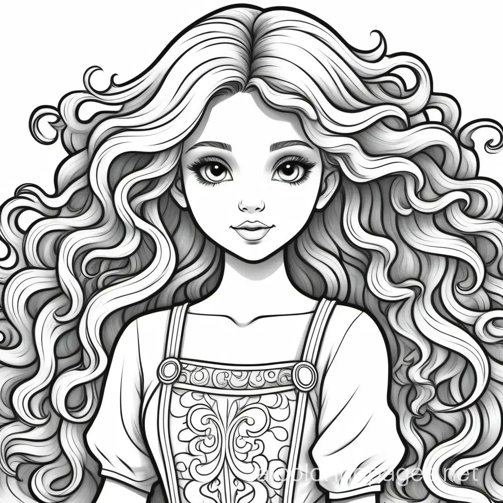 a teenage girl posing Style/Coloring: The black and white, line art style emphasizes the girls details, allowing for a visually appealing coloring process. The carefully outlined subjects enhance the overall simplicity, making it accessible for kids to distinguish and color each element with ease. Action/Items: The girl is the central focus, radiating an aura of fantasy. curly hair, flowing hair, and detailed elements of each strand of hair. The absence of a cluttered background directs attention to the girl, creating a captivating coloring journey. Costume/Appearance: The young girlss attire is intricately designed, providing ample opportunities for creative coloring. From the aesthetic outfit to the detailed accessories, young artists can personalize the girls appearance while honing fine motor skills. Accessories:  encouraging artistic expression beyond the central figure. These extra details foster a sense of enchantment and enable children to create a whimsical masterpiece., Coloring Page, black and white, line art, white background, Simplicity, Ample White Space. The background of the coloring page is plain white to make it easy for young children to color within the lines. The outlines of all the subjects are easy to distinguish, making it simple for kids to color without too much difficulty