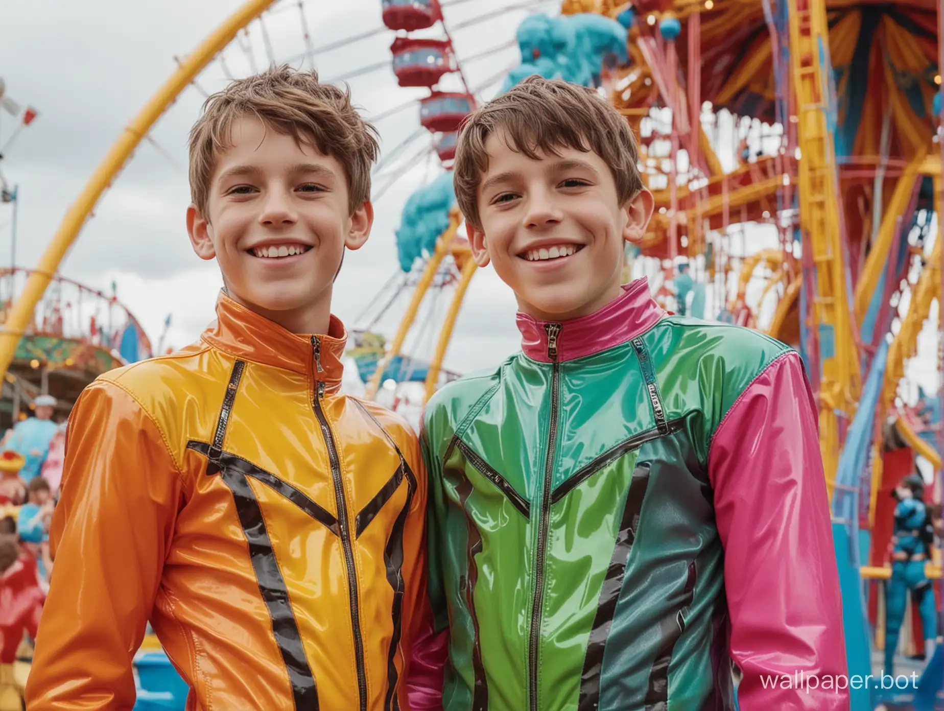Amusement-Park-Twins-in-Vibrant-Latex-Outfits-Sharing-a-Joyful-Embrace