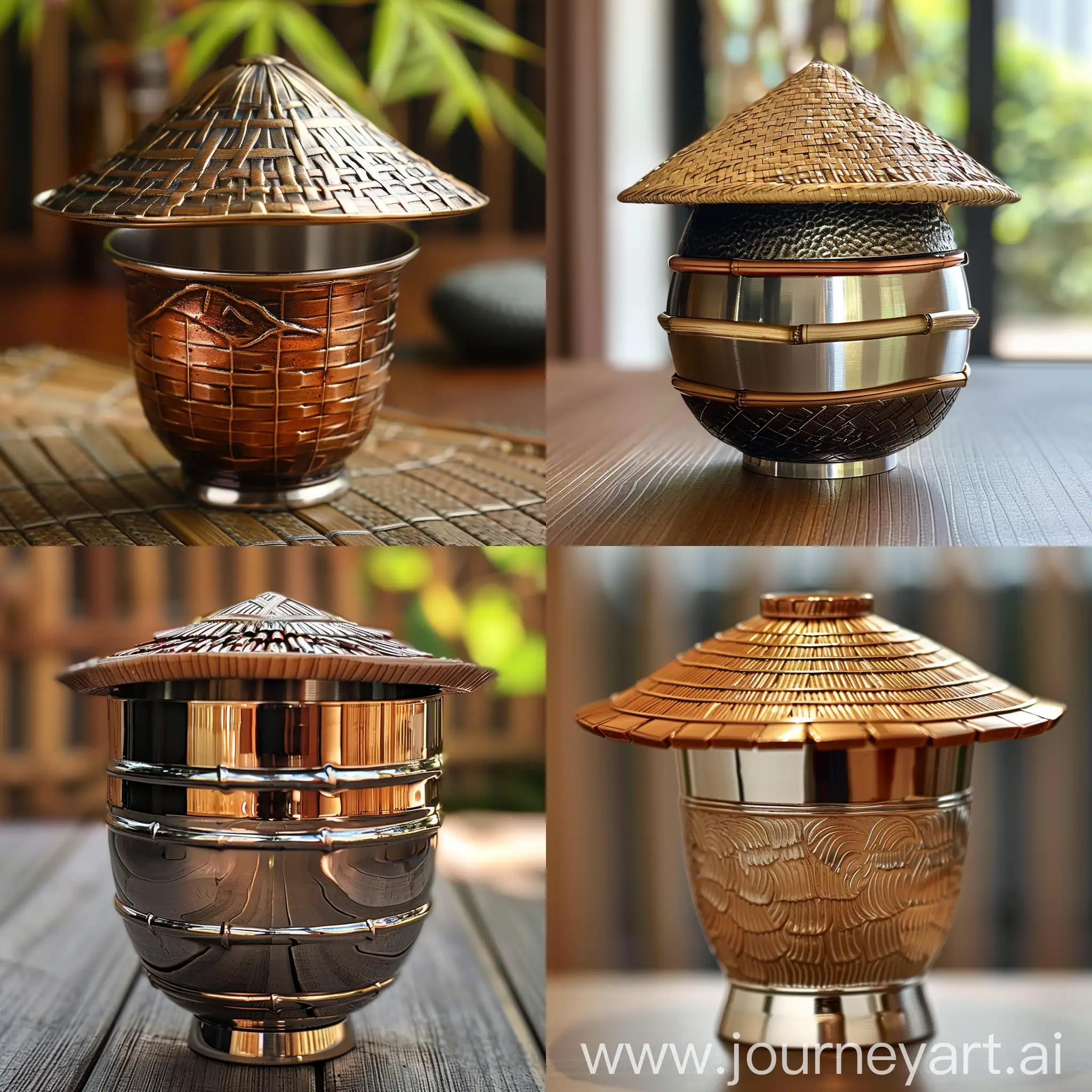 A Kuai Ke cup made of high-quality stainless steel with a bamboo hat design. 