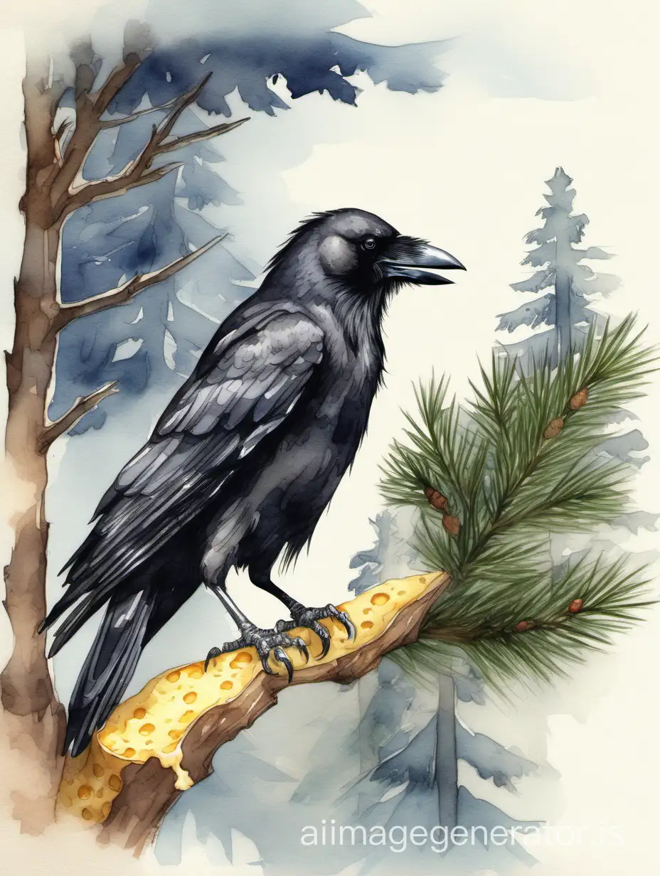 Watercolor sketch. A grey crow is sitting on a branch of a fir tree. The crow has a piece of cheese in its beak. An epic cinematic painting, brilliant, stunning, intricate, meticulously detailed, dramatic, atmospheric, maximalist digital matte painting. Aerial watercolor.