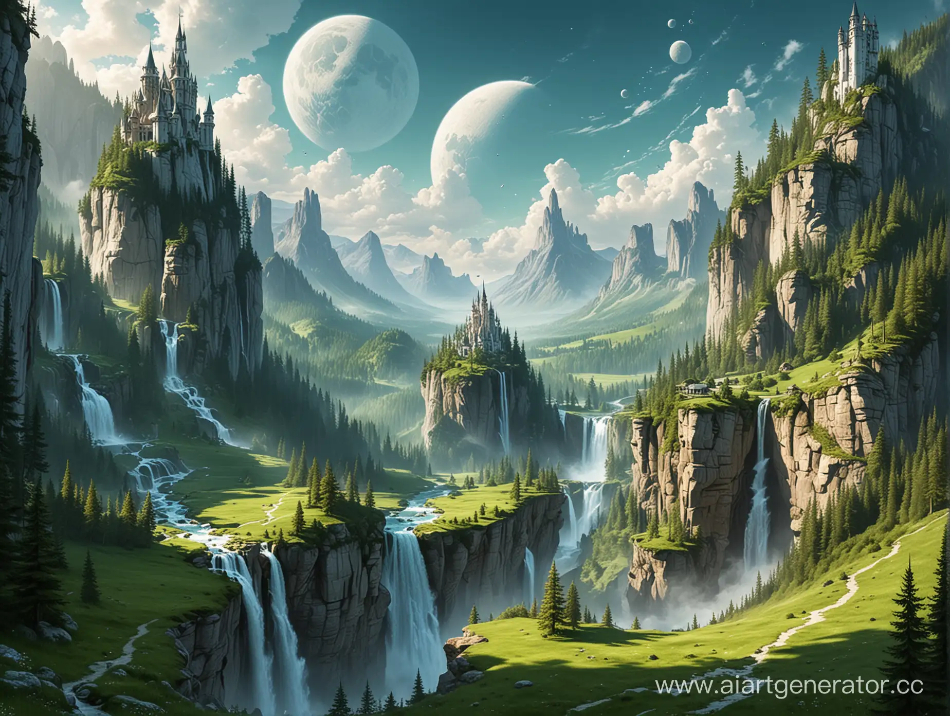 Enchanting-Fantasy-Landscape-with-Towers-and-Waterfalls