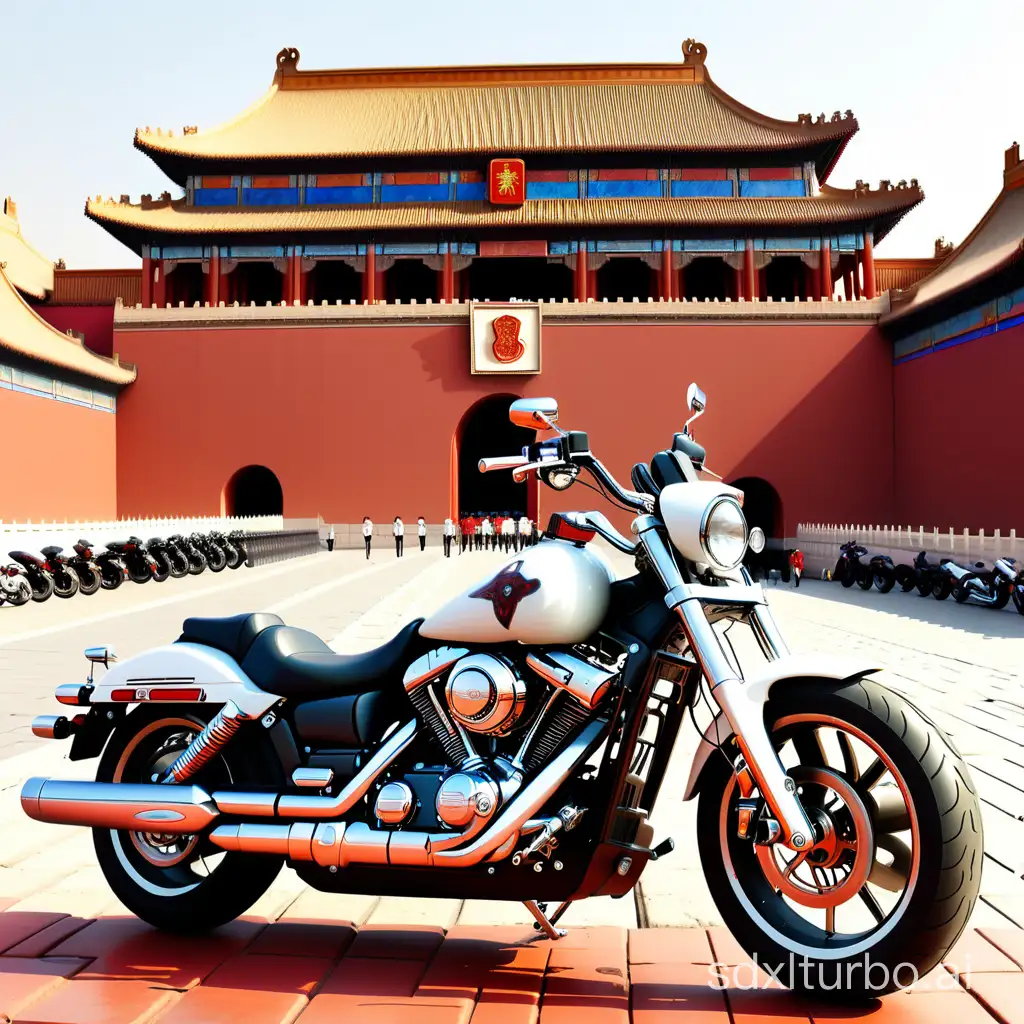 Harley motorcycle White Motorcycle panoramic photo, full of muscle. The background is the red palace wall of the Beijing Forbidden City.