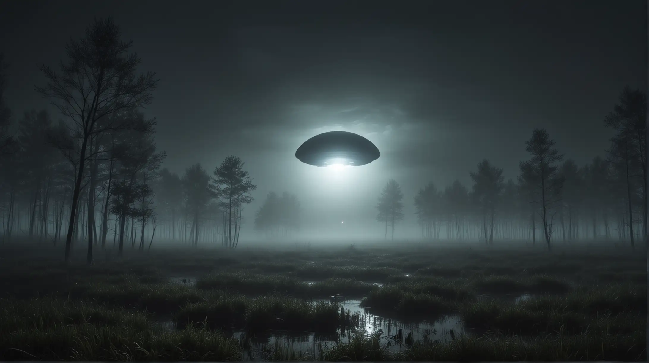  ufo w kształcie kuli na niebie, ciemny las nocą, bagna, mgła, atmosfera horroru