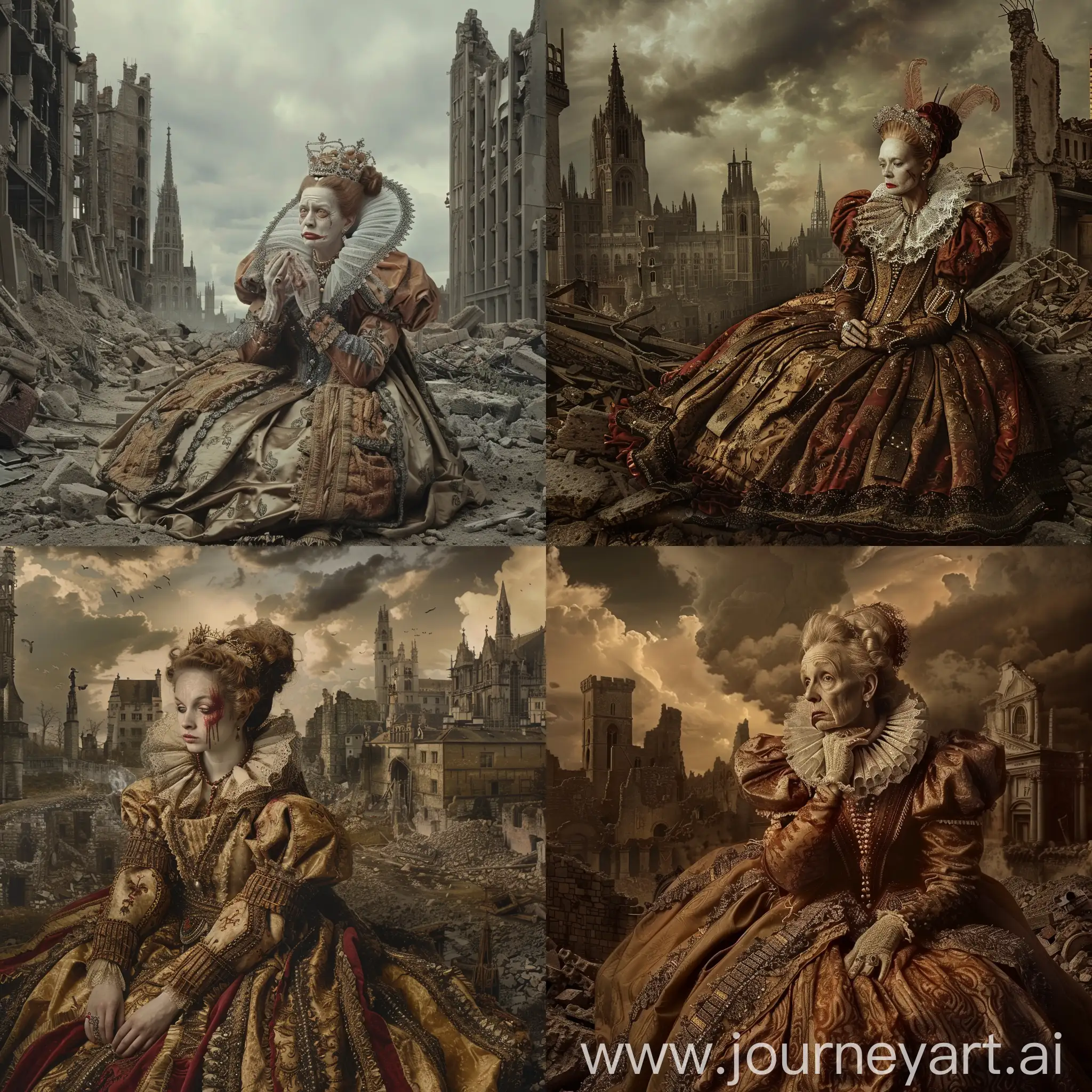 A devestated Elizabethan queen in the ruins of a city