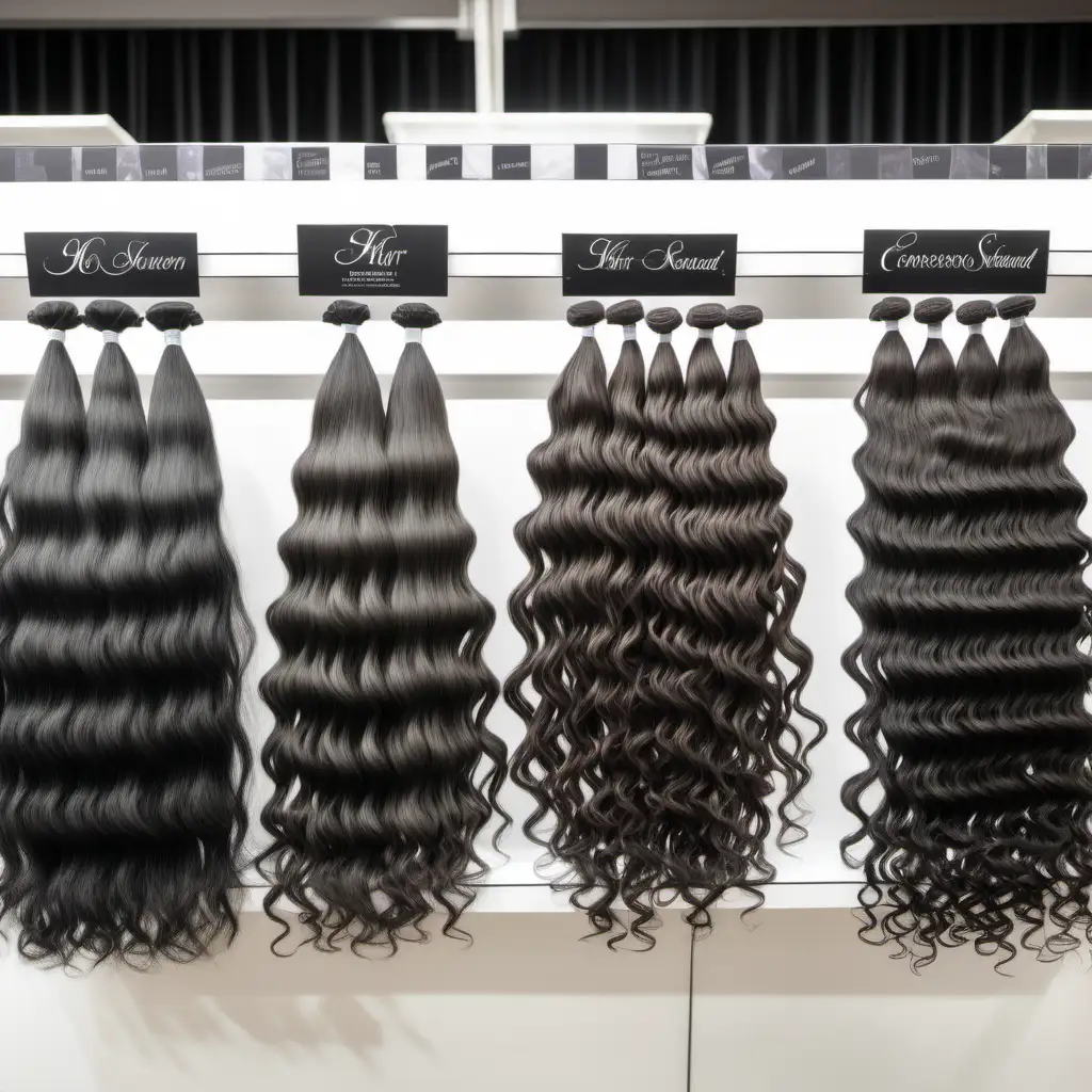 Hair Concession Stand, with bundles of hair on racks, Beauty, Bundles, black Raw Extensions, Shiny, luxurious, straight, wavy, curly, hair menu, movie consession stand, 