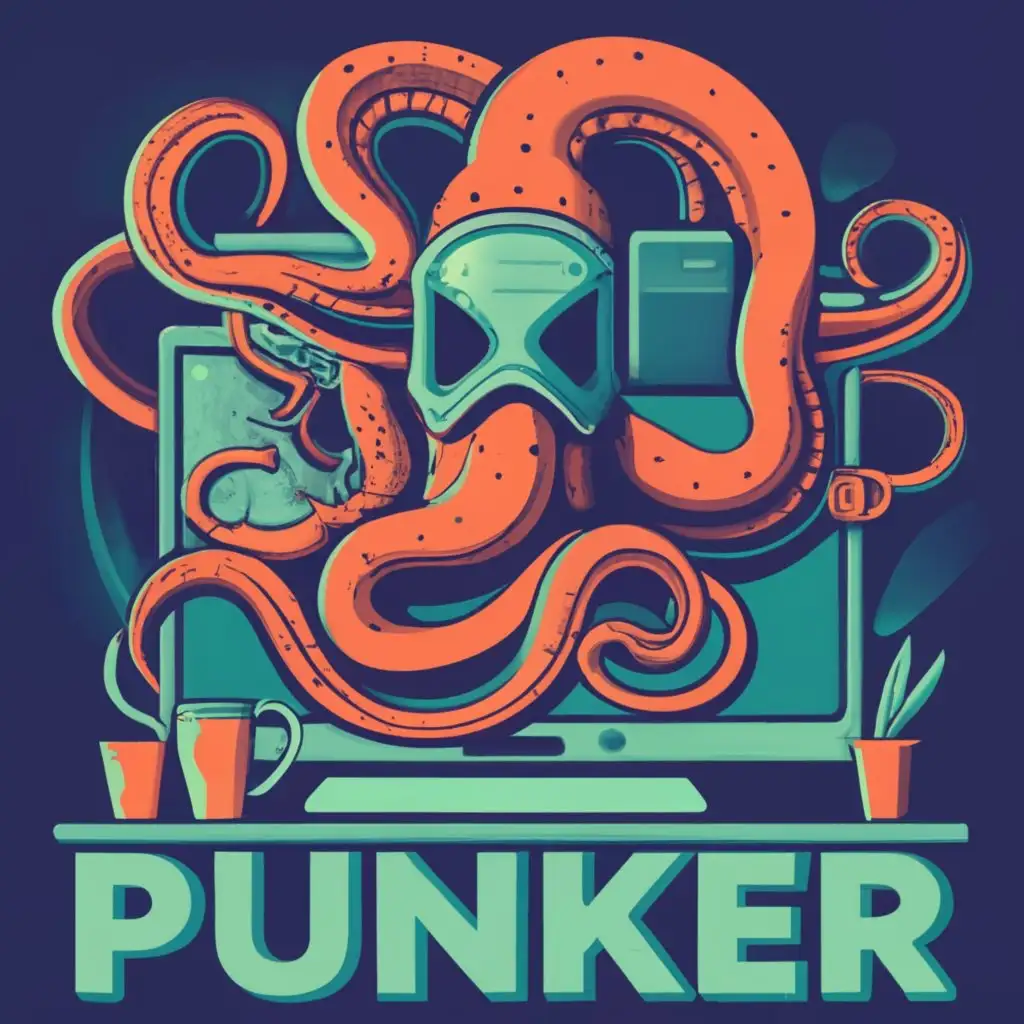 logo, kraken ,gas mask ,computer screen, with the text "PUNKER", typography, be used in Internet industry