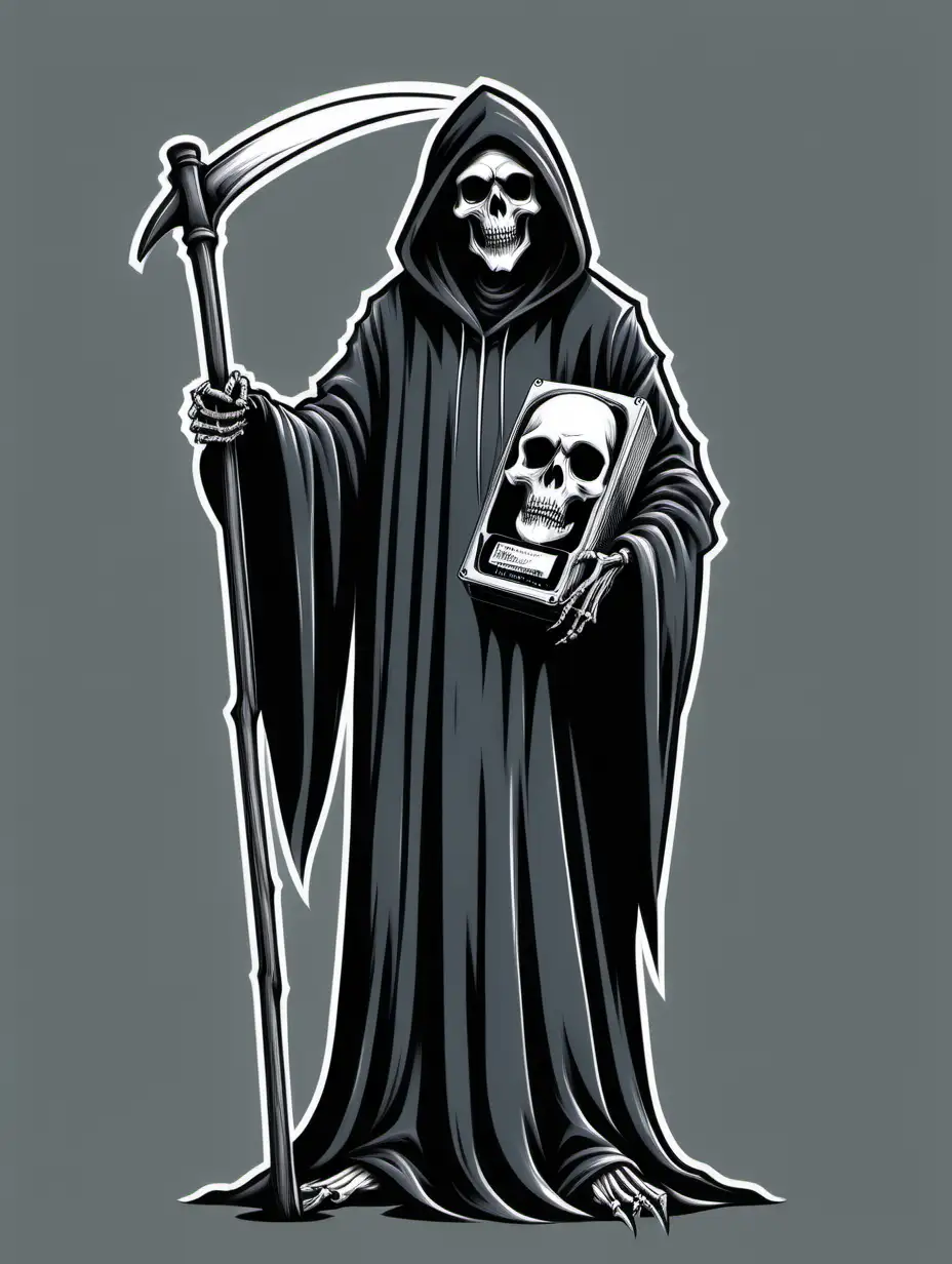 grim reaper holding a vhs, vector, simple, black and white --no background, gradient, grey