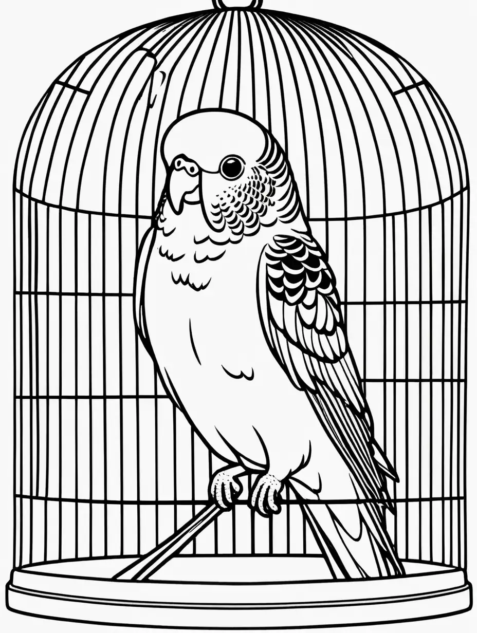 Coloring Page Playful Budgie in a Captivating Cage