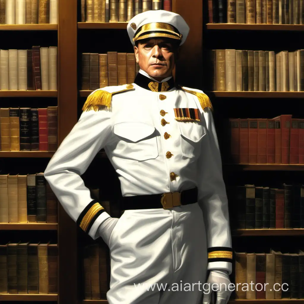 Nautical-Officer-in-White-Uniform-Observing-Library-Shelves