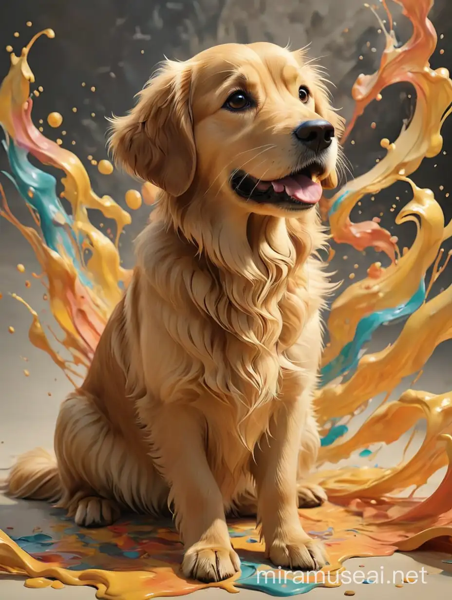art movement focused on emotional impact through free-flowing shapes and colors, often without depicting real objects, with tiny Golden Retriever sitting on the foreground