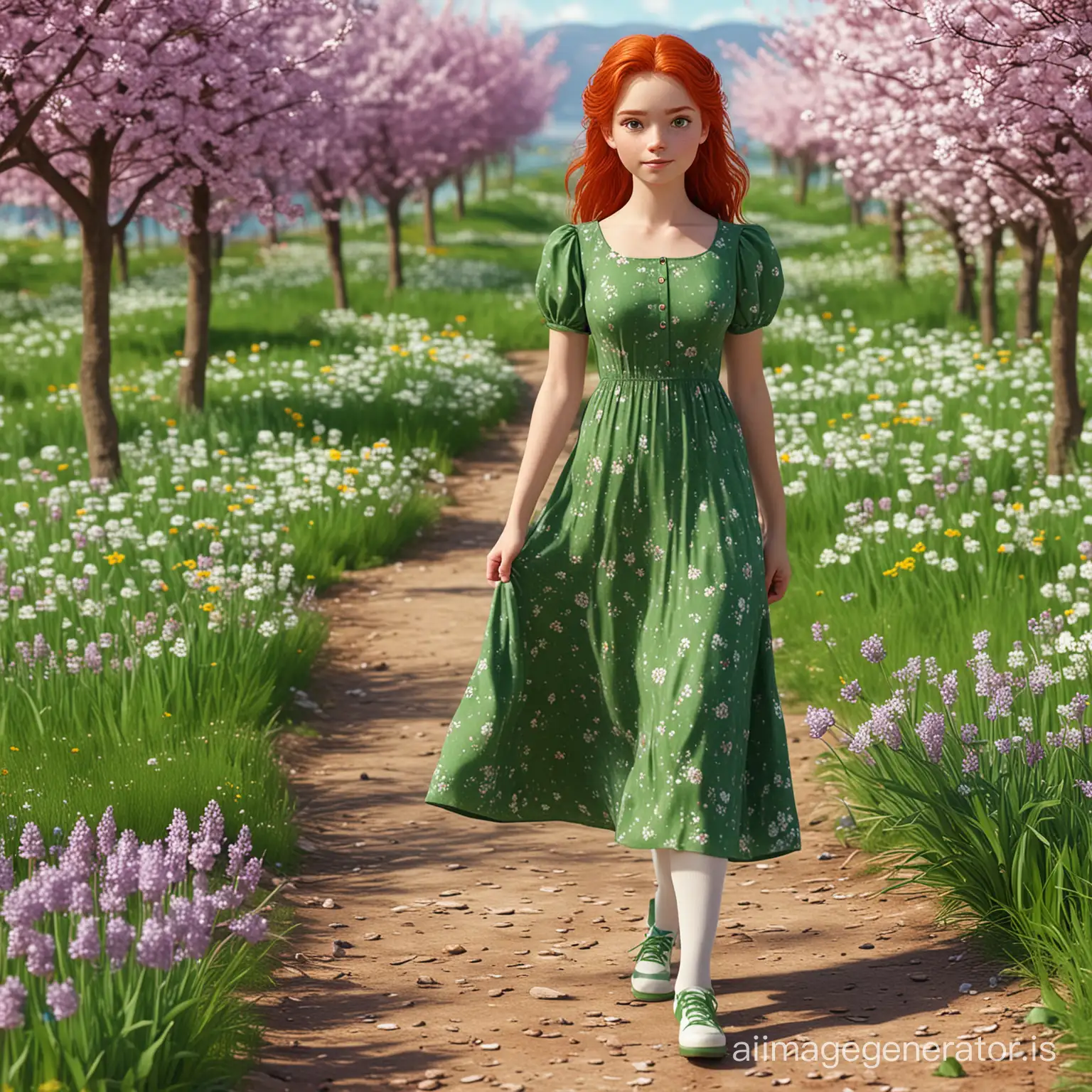3D graphics: a spring landscape and a girl with green eyes, red hair dressed in a green maxi dress with short sleeves, white tights, purple shoes