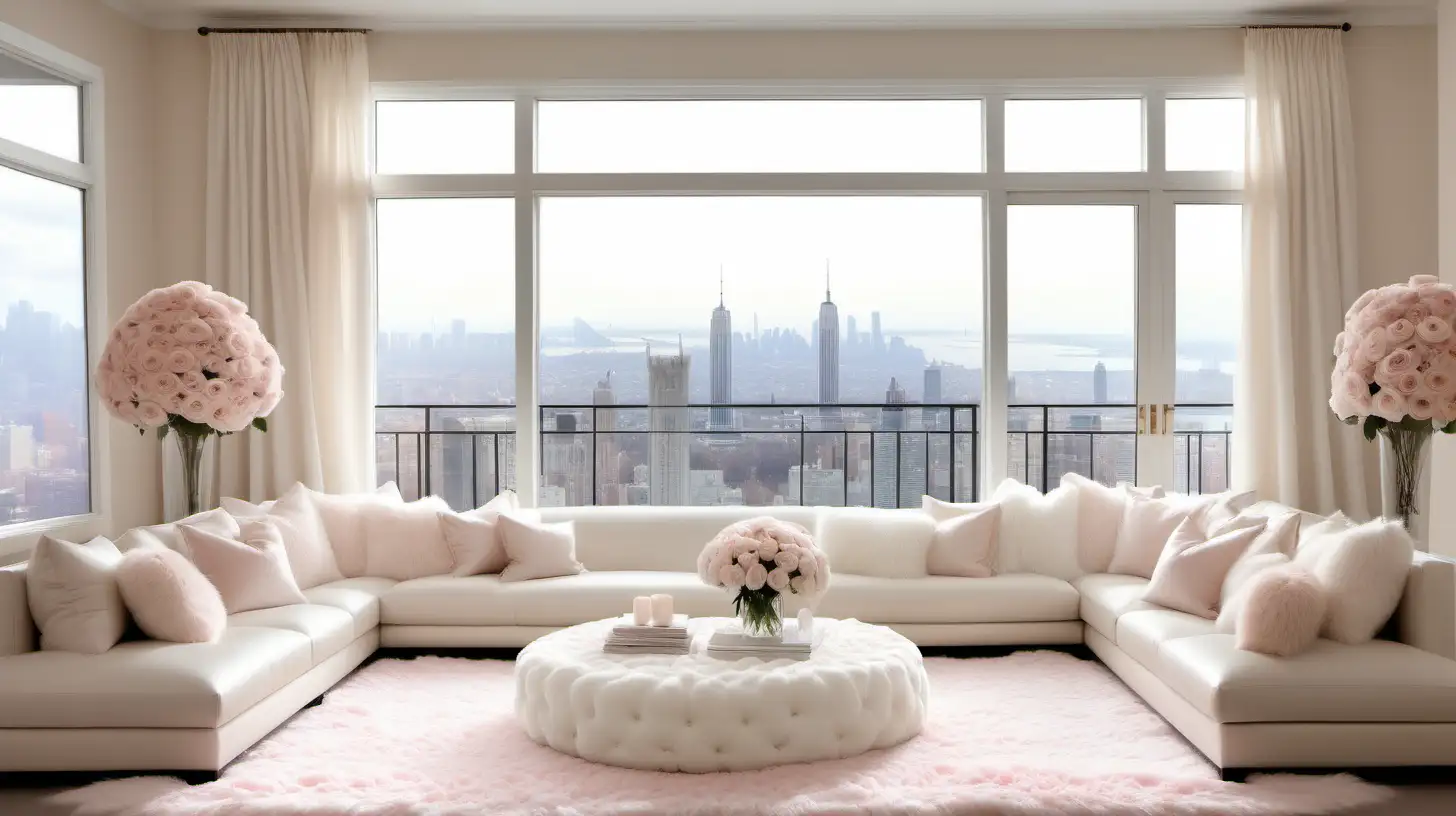 imagine/ create an image of a light beige color living room with fur rug. accesories the room with light pink decor. . add add a lit fire place and white fluffy roses. make the atmosphere romatic. add a large window with a beautiful view of the city