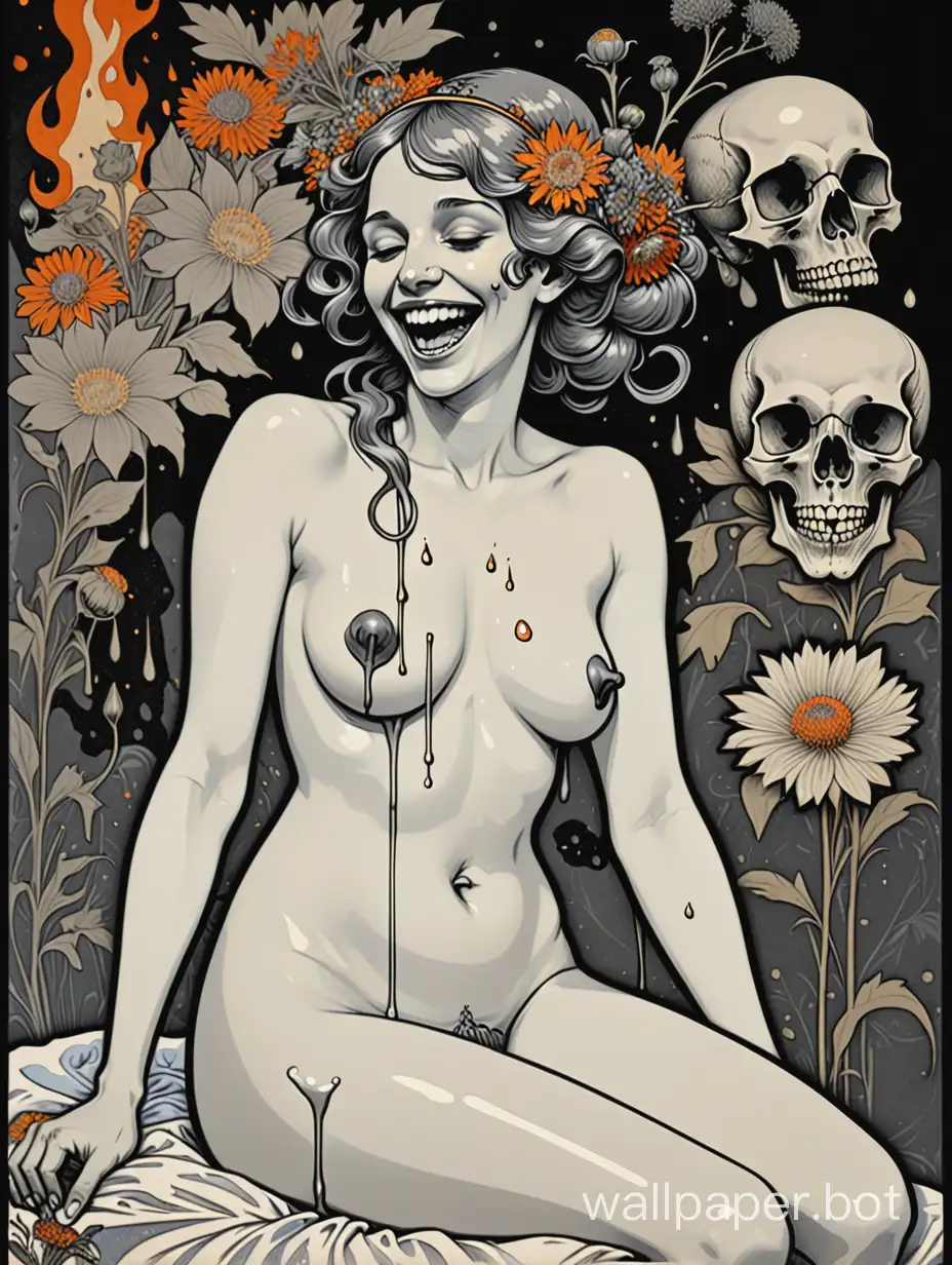 Naked Odalisque, gorgeous laugh, skull face, assimetrical, alphonse mucha poster, highcontrast wildflowers dripping paint,william morris background, high textured paper, hiperdetailed lineart , black,gray, explosive fire, sticker art