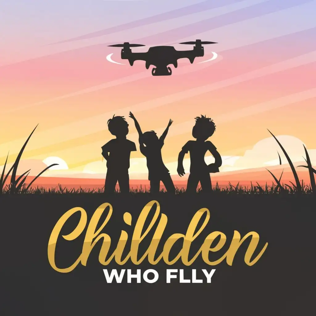 logo, Kids looking for a drone in sunset on the rural field, with the text "Children Who Fly", typography