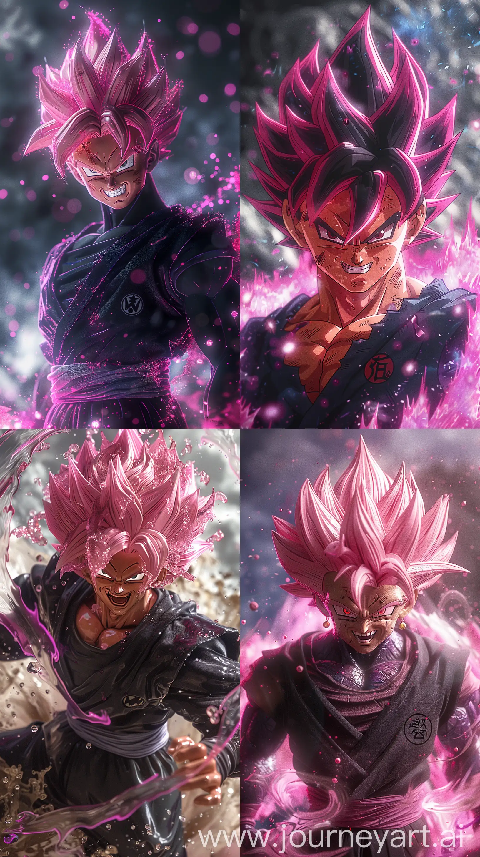 Goku Black with a menacing, villainous grin, Super Saiyan Rosé form, sporting a black outfit, engulfed in swirling aura of purple and pink, in a dynamic action pose, imitating Toei Animation's Dragon Ball Super style --ar 9:16 --s 600 --v 6