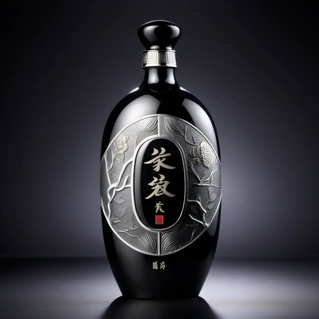 Chinese health and wellness liquor bottle design, high end liquor, 500 ml opaque bottle, precision product photograph images, high and delicate details, very creative bottle shape design, to emphasize the theme of health and wellness, ceramic bottles,  black and silver texture, brand name is 玖莼