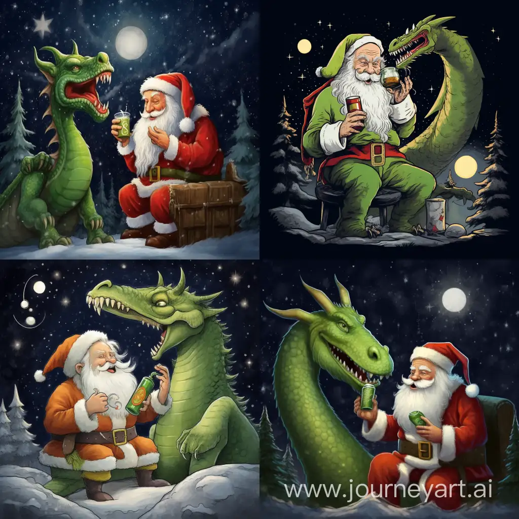 Санта Клаус и зеленый дракон, пьющие из бутылки и банки, на фоне заснеженного леса и полной луны. Изображение должно быть ярким, мультяшным и веселым.