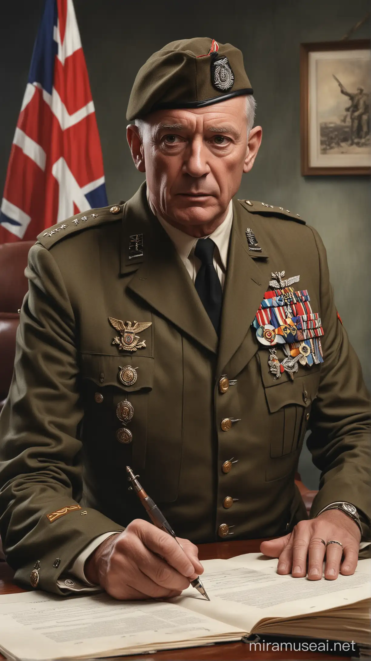 Imagery showcasing Lieutenant Colonel Ronald Thornley presenting his argument against the assassination plan to the British government, conveying his influence and persuasion. hyperrealistic