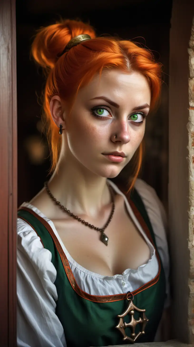 female barmaid, thoughtful expression, green eyes, cute, strong, crooked nose, amulet necklace, small stud earrings, bright orange hair in a tight bun, detailed eyes, detailed face, medieval fantasy, small inn bedroom, open window, standing in the doorway, super detailed, hyper realistic photography