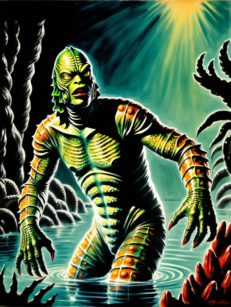 Vintage Creature from the Black Lagoon Art Expressive Colorful Realism in Oshare Kei Style