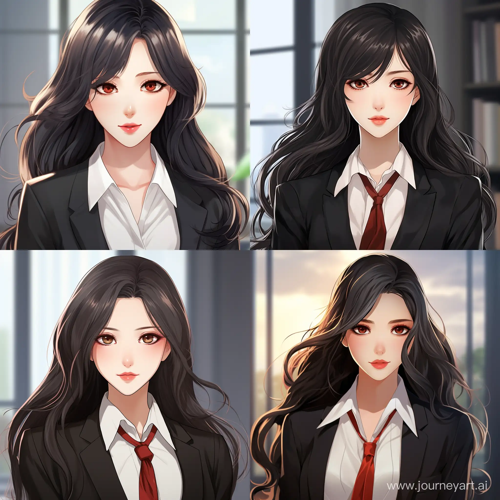 woman with long black hair and red eyes hypnosis. She wears a white shirt, a black suit and a red tie. She looks strict and elegant, but her gaze hides cunning and cruelty. She smiles often, but her smile is not kind,looking at viewer, unique art style, manhwa style, anime style