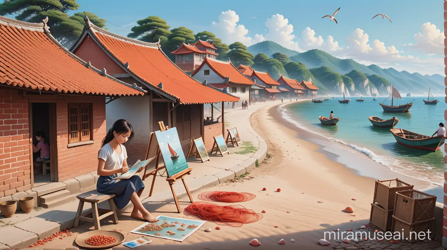 海边的渔村，渔民在海边织网，海岸边是红砖瓦房，贝壳铺在路上，从瓦房一直延伸到海边，一个中国小女孩坐在海边的画架子前画画，远处有一排排小姑娘画的画