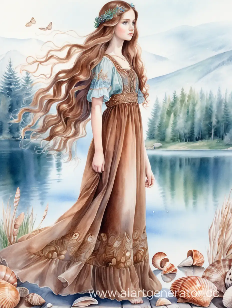 Ультра-детализация, мягкая акварель, яркая акварель, девушка славянская внешность, девушка в длинном платье, длинные каштановые волосы, локоны, круглое озеро, ракушки на дне