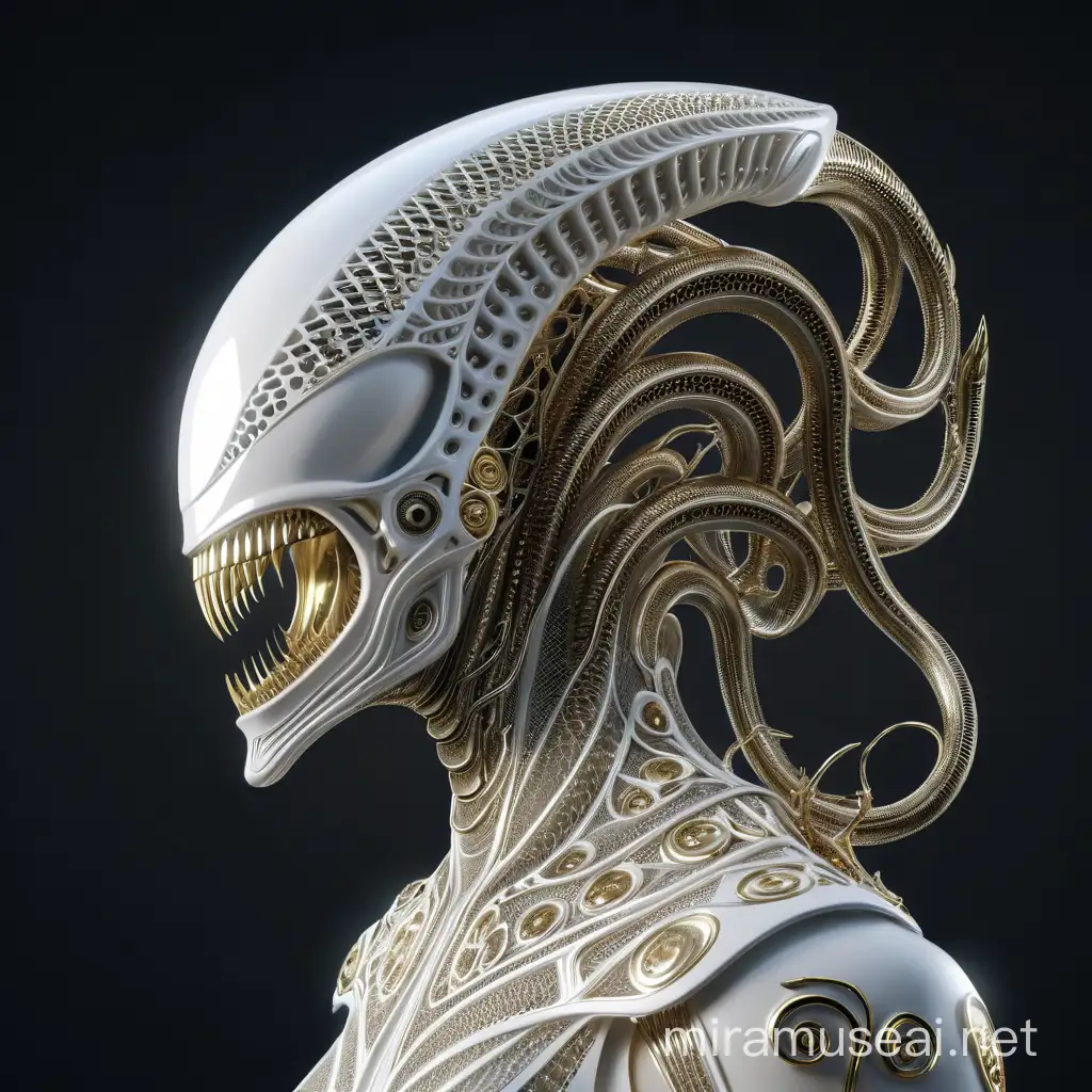 complex 3D rendering hyper detailed ultra sharp beautiful porcelain xenomorph profile mechanical cyborg 1 5 0 mm beautiful rich natural soft light edge light studio light stems wavy roots scary teeth no eyes head in back elongated, delicate leaf lace, silver gold filigree details, alexander mcqueen high fashion haute couture, art nouveau fashion embroidered, steampunk, mesh wire, hyperrealistic, mandelbrot fractal, anatomical, no eyes, white metal armor, facial muscles, cable wires, microchip, elegant , octane design, v.r. giger style, 8 k