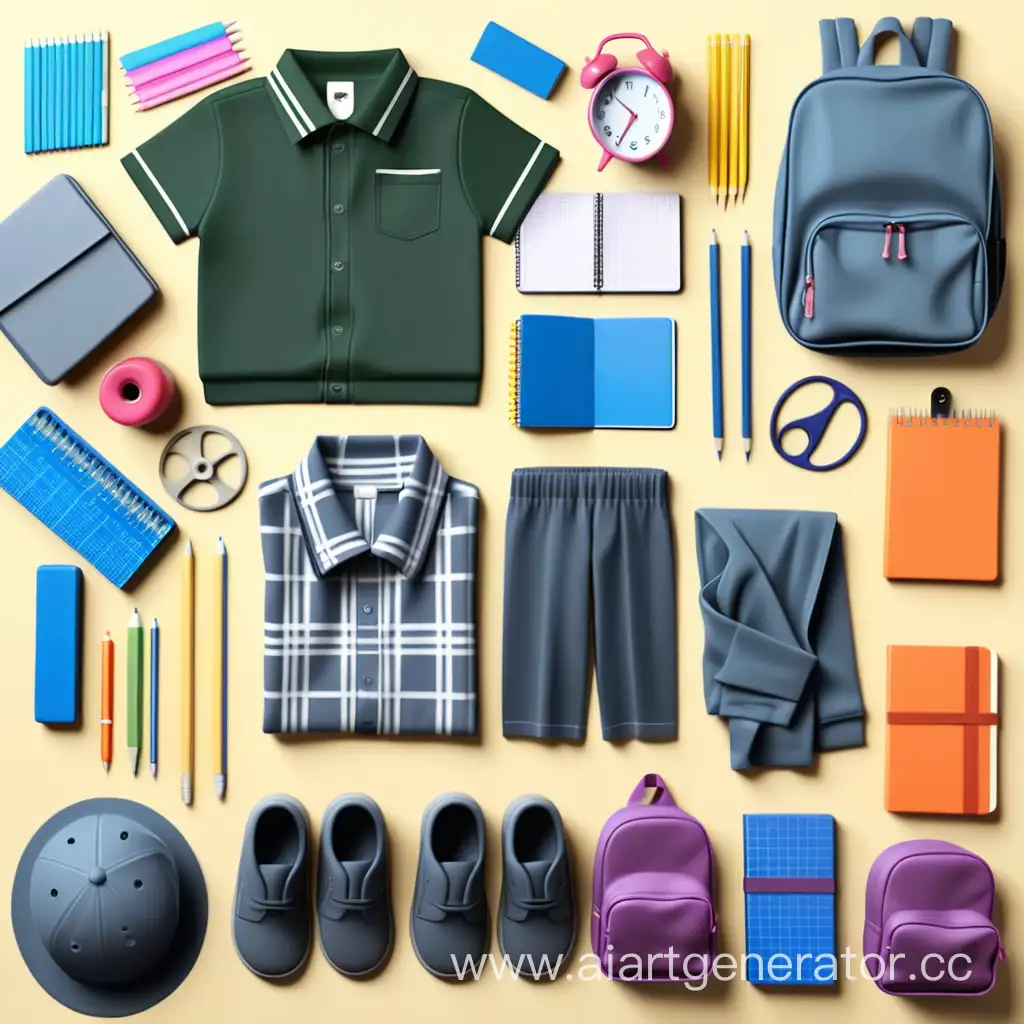 a variety of clothing and school supplies in a grid