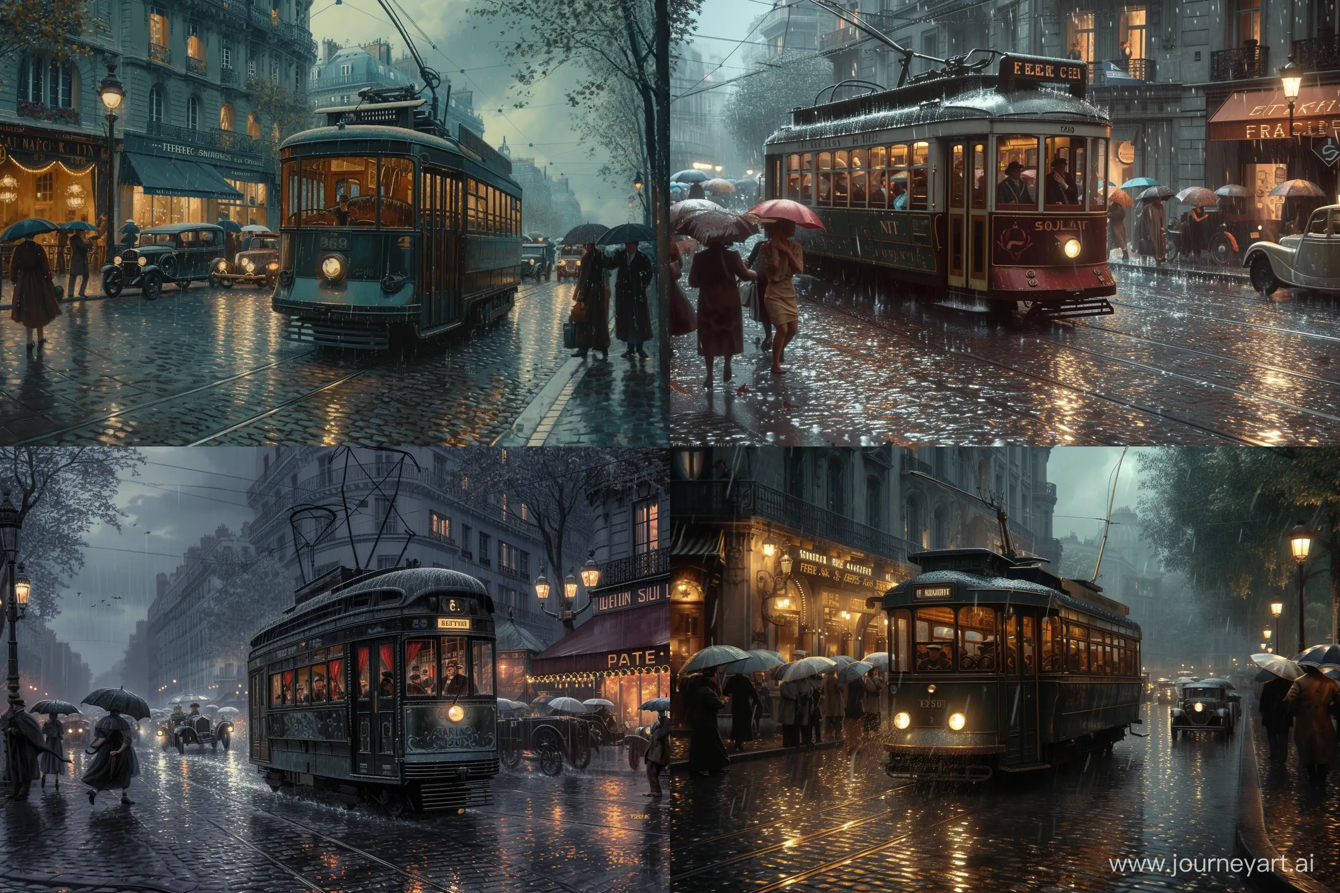 a old vintage tram from 1920 on the cobbled streets of Paris in 1930, under heavy rain, with people with umbrellas and cars of the time, in a baroque style with intricate details, in the style of Frederic Soulacroix --v 6 --ar 3:2