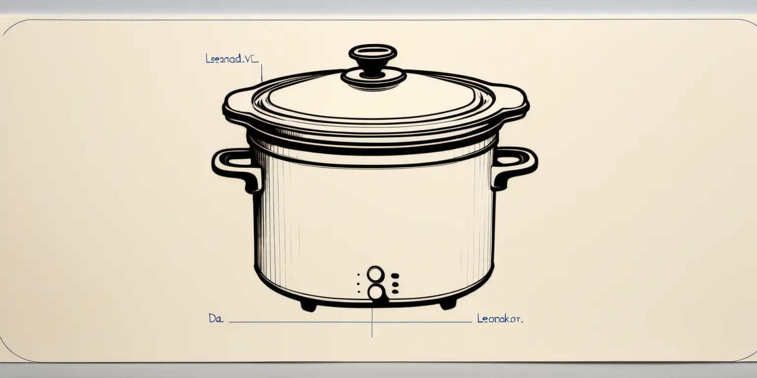 A front aligned view of a 3x5" cardstock on which Leonardo Da Vinci has sketched a slow-cooker
