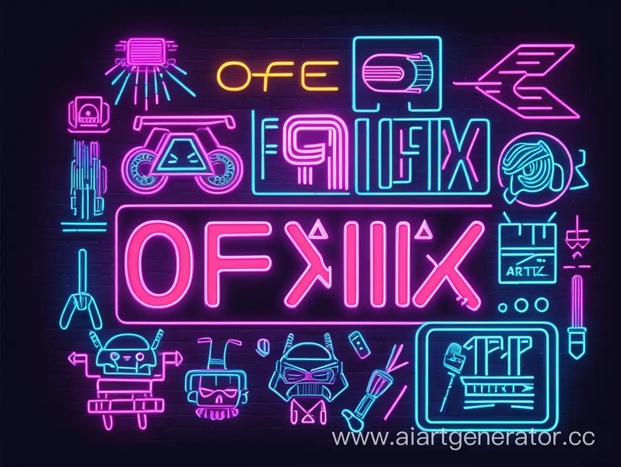create a logo for the community of artists with the inscription "Offix Art", cyber punk style, retrowave, neon sign, Japanese symbols