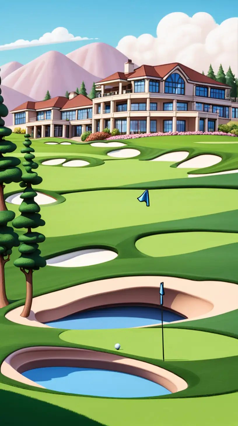 Sunny Day Golfing Cartoon Hills and Clubhouse Vista