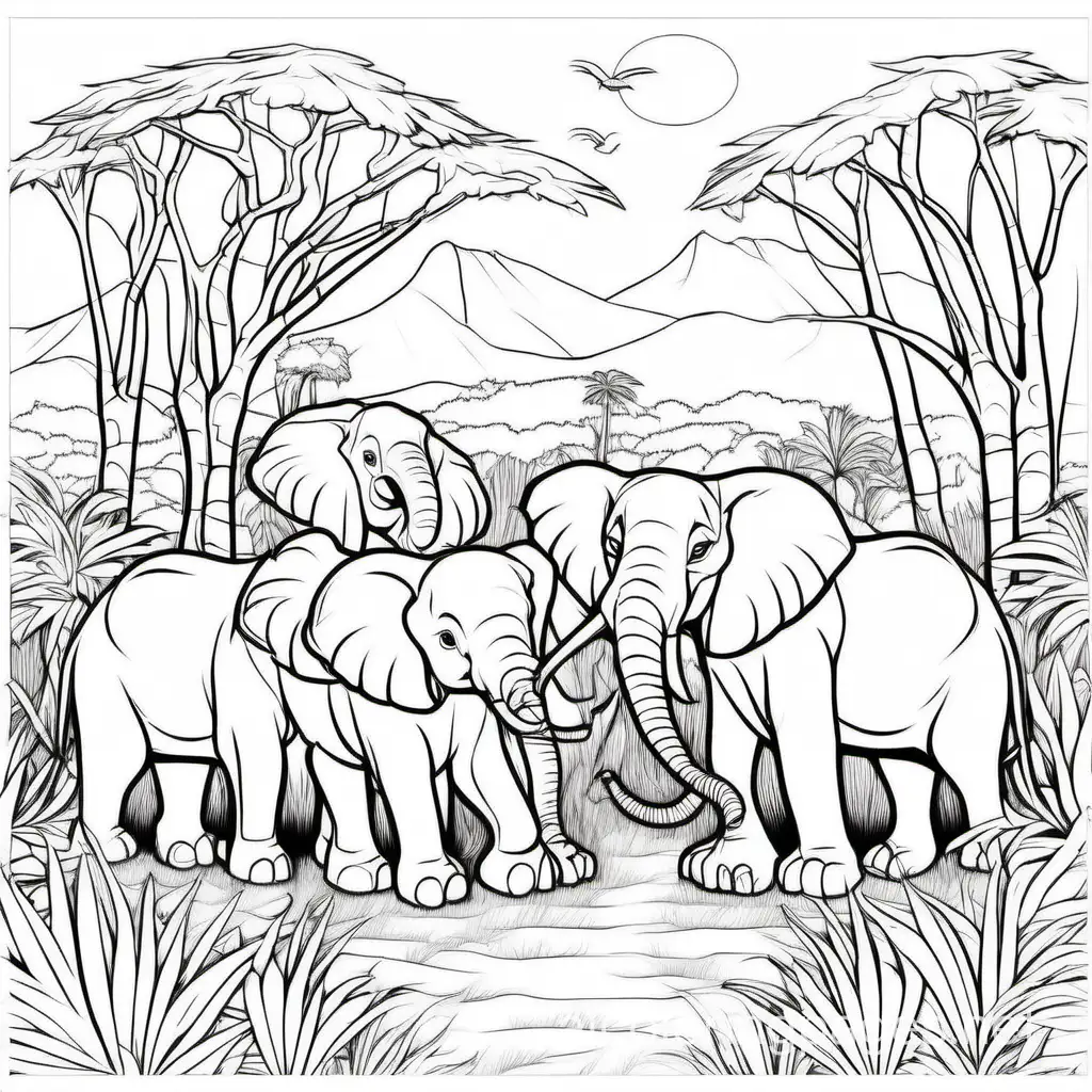 2. Safari animals in action, coloring book page, clear thick outlines, savanna background, –no complex patterns, shading, color, sketch, color, –ar 2:3, Coloring Page, black and white, line art, white background, Simplicity, Ample White Space. The background of the coloring page is plain white to make it easy for young children to color within the lines. The outlines of all the subjects are easy to distinguish, making it simple for kids to color without too much difficulty