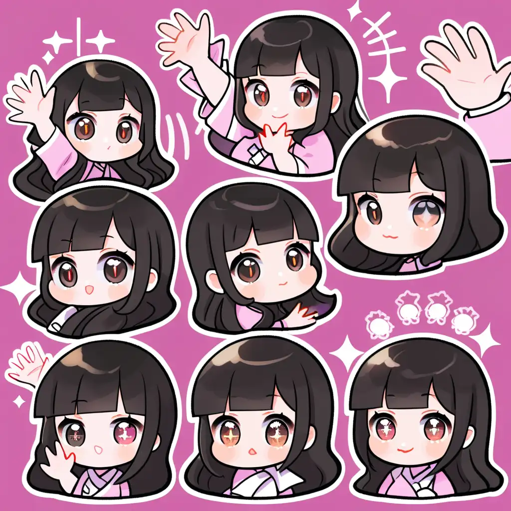 ChibiStyle BlackHaired Girls Cute Waving Emotes Collection