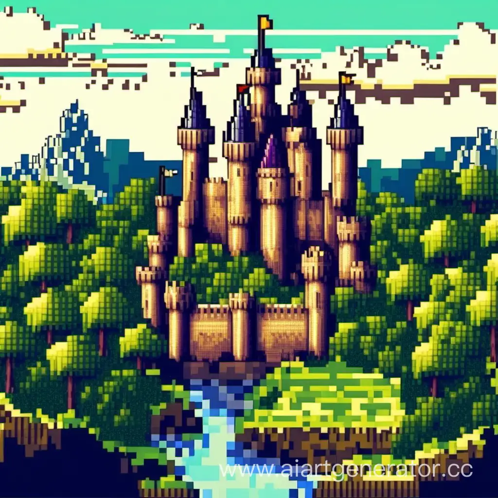 pixelated medieval landscape with castle in background